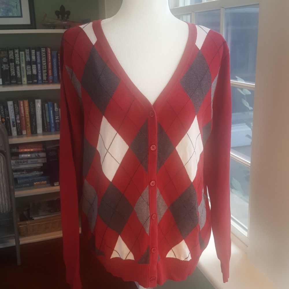 Red, Grey, White Argyle Cardigan